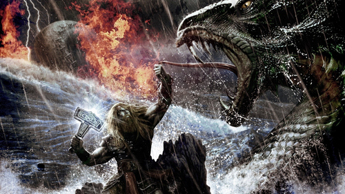 Image of Thor and Jormungand battle 