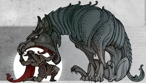 Image of Tyr and Fenrir Norse mythology upholder of law