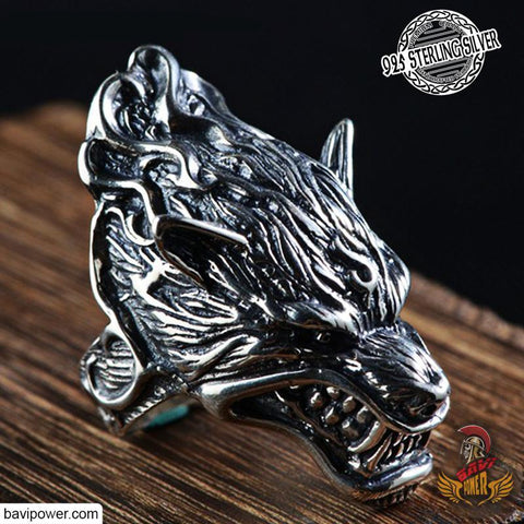 925 Sterling Silver Fenrir Wolf Head Ring