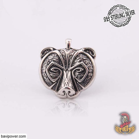 925 Sterling Silver Viking Bear Face Pendant