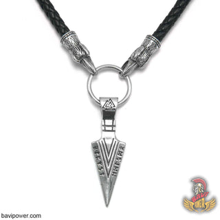 Odin's Gungnir Spear Head Pendant Necklace with Raven Head Leather Chain