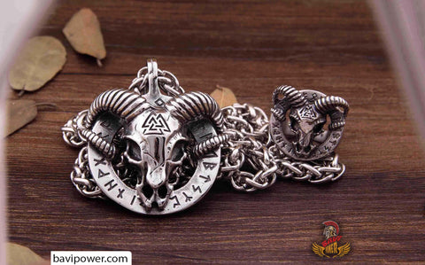 Runic Ram Skull Ring and Necklace Set