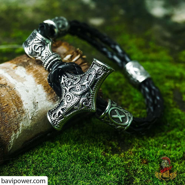  Mjolnir Thor's Hummer Black Leather Viking Bracelet