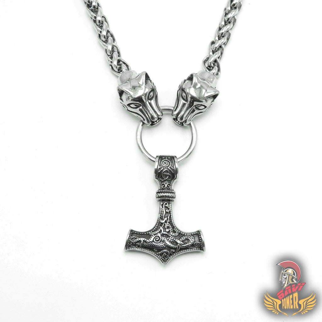 Thor's Hammer Pendant with Big Wolf Chain Necklace