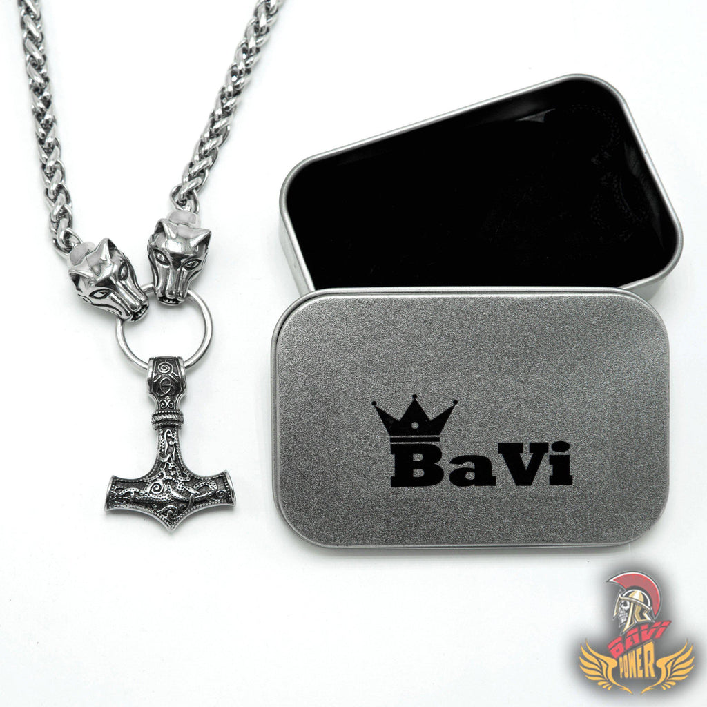 Thor's Hammer Pendant with Big Wolf Chain Necklace