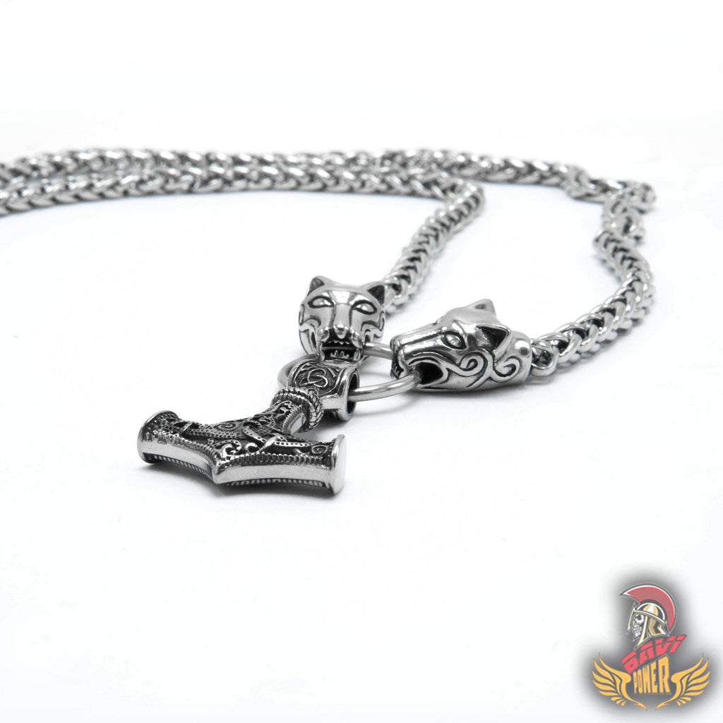 Thor's Hammer Pendant with Big Wolf Chain Necklace