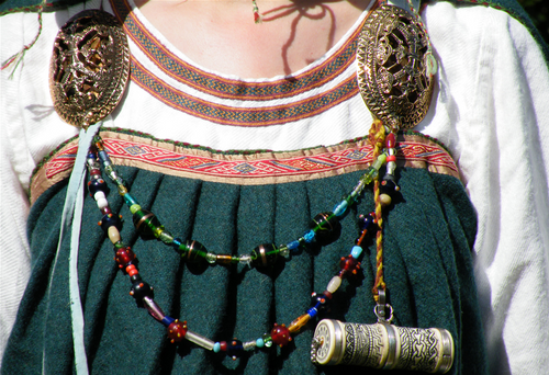 Modern construction of Viking woman wearing jewelry