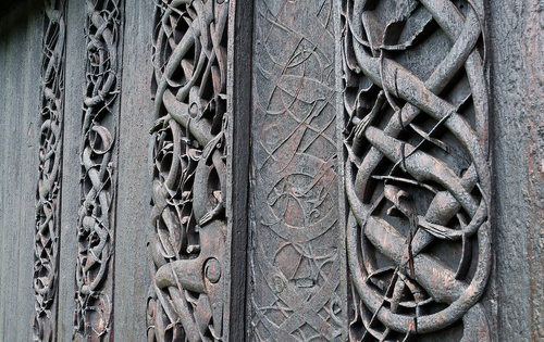 Viking Urnes style outside a Viking Church in Norway