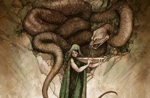 Sigyn the wife of Loki. She was holding the bowl to collect the venom so that it would not hurt Loki who was bound to the rock as the punishment for killing Odin's son