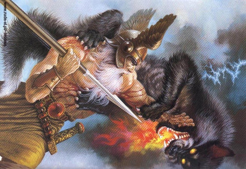 Image of Odin and Fenrir the Wolf Norse mythology