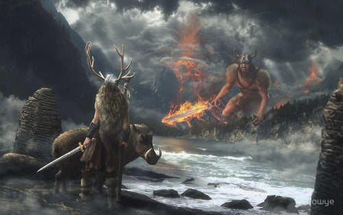 Image of Surtr fire giant and Freyr in Ragnarok