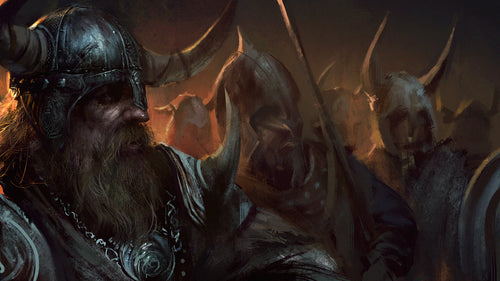 Viking warriors with horned helmets 