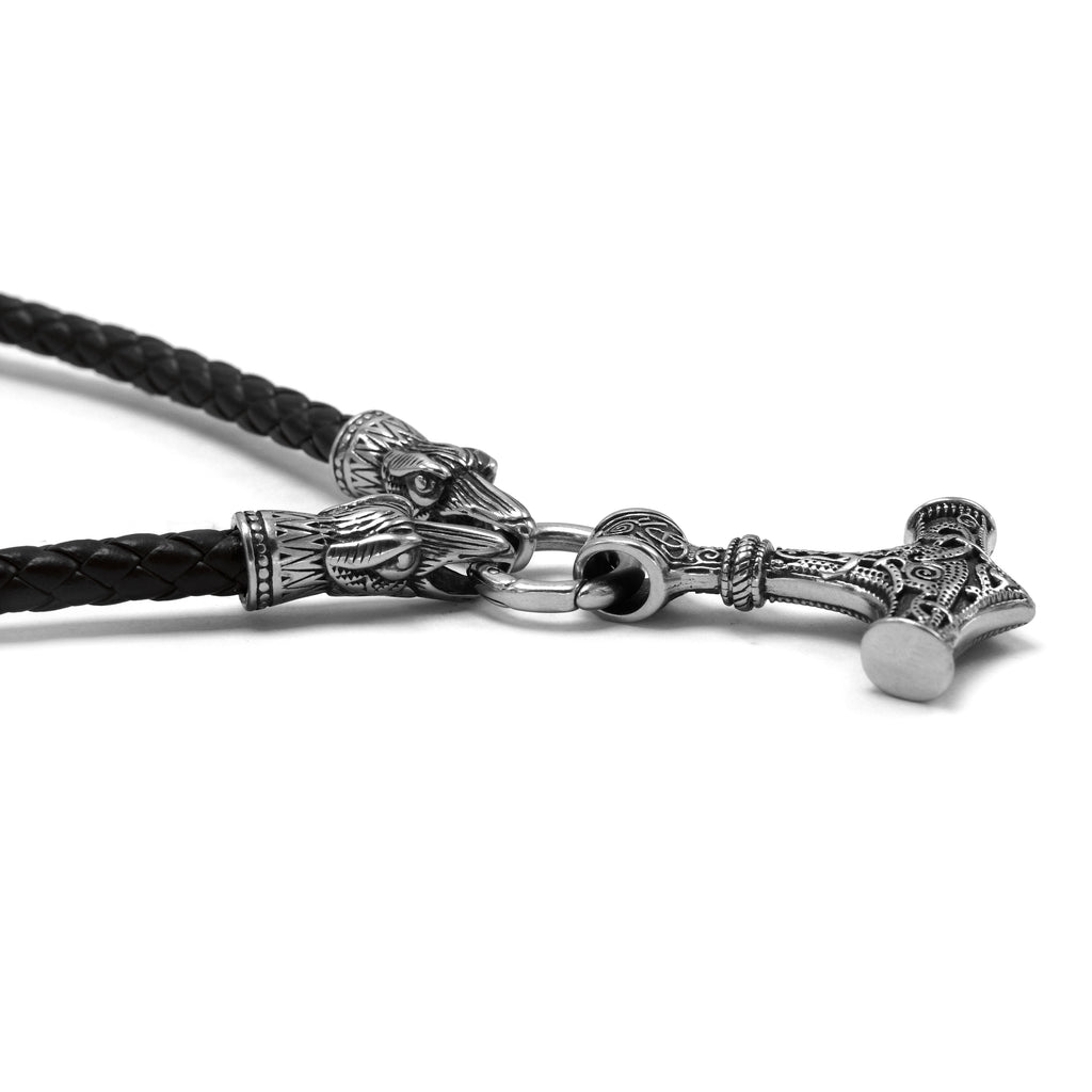 BaviPower Mjolnir The Thor's Hammer Pendant with Raven Head Leather Necklace ♦ Stainless Steel ♦ Norse Scandinavian Necklace ♦ Authentic Viking Jewelry