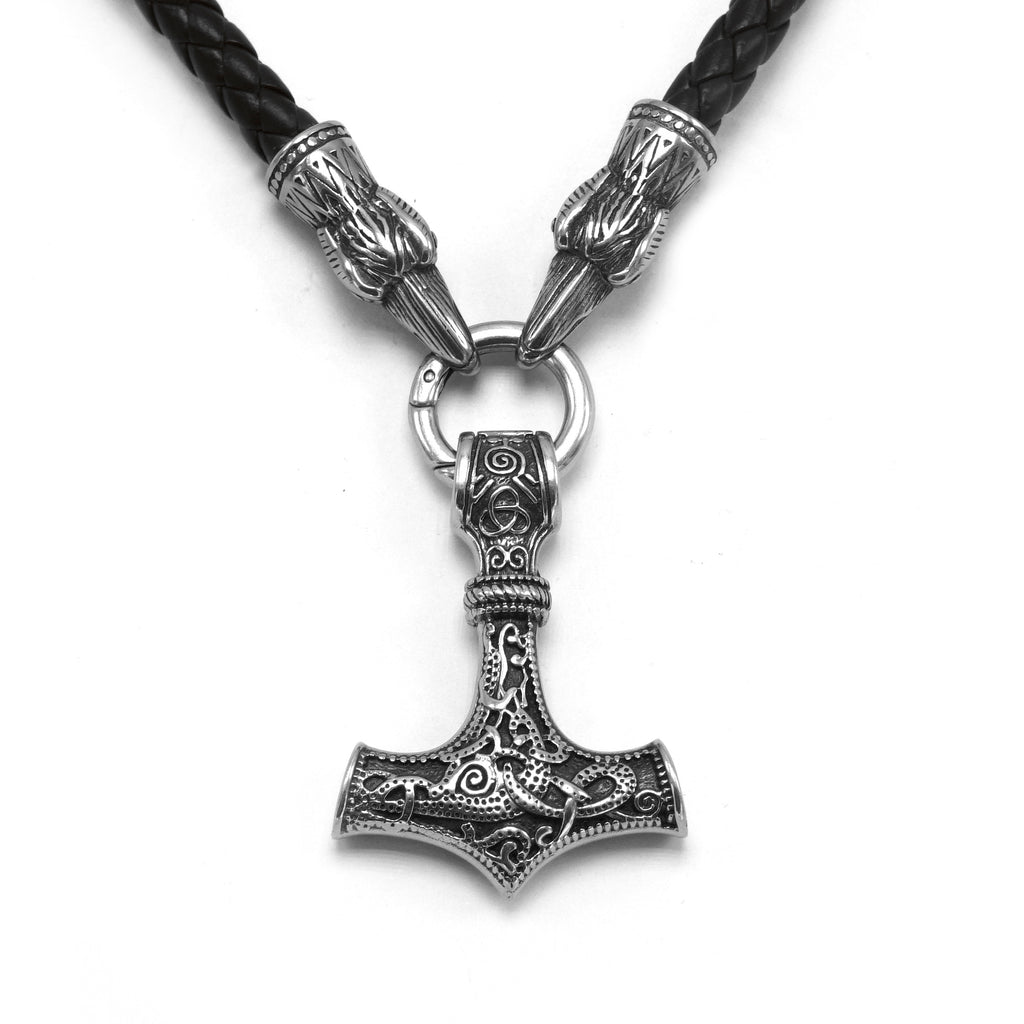BaviPower Mjolnir The Thor's Hammer Pendant with Raven Head Leather Necklace ♦ Stainless Steel ♦ Norse Scandinavian Necklace ♦ Authentic Viking Jewelry