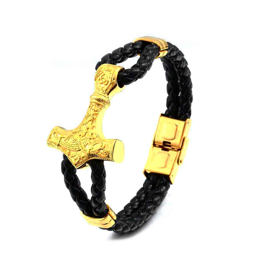 BaviPower Stainless Steel Viking Mjolnir Thor Hammer Golden Braided Leather Bracelet Viking Jewelry