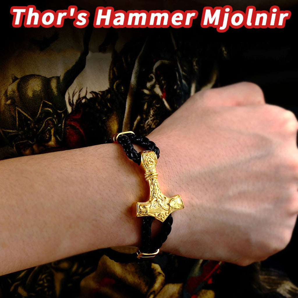 BaviPower Stainless Steel Viking Mjolnir Thor Hammer Golden Braided Leather Bracelet Viking Jewelry