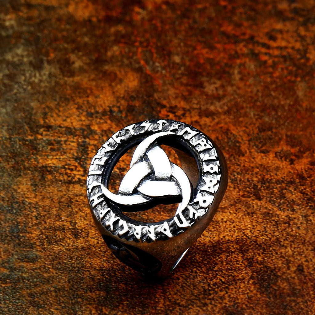 Stainless Steel Odin Triple Horn Rune Cricle Ring