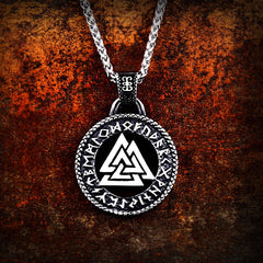 Stainless Steel Odin Valknut Rune Circle Pendant Necklace