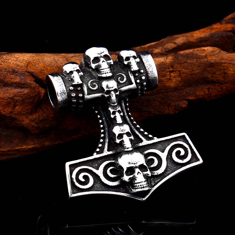 Stainless Steel Mjolnir Thor Hammer Skull Pendant Necklace