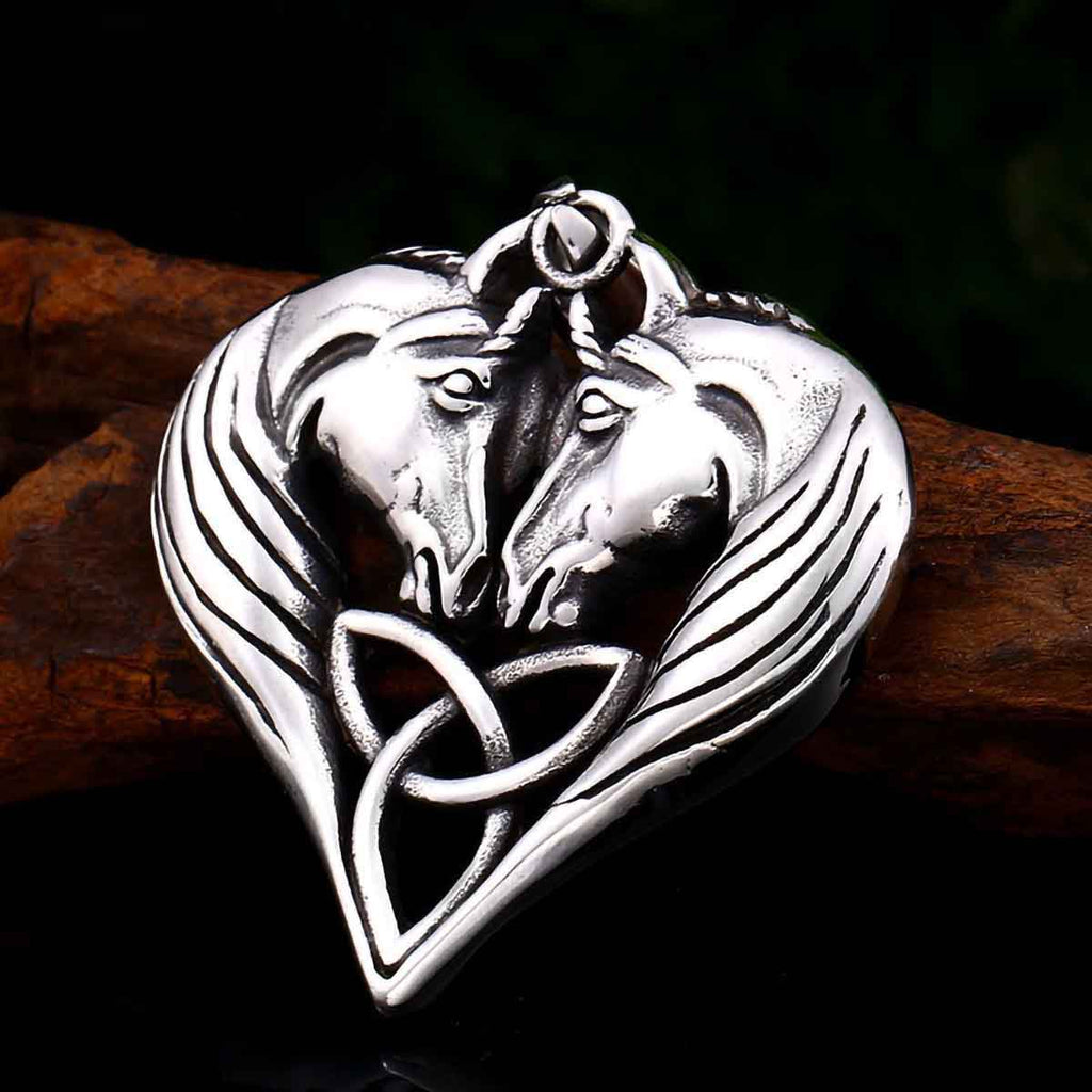 Stainless Steel Celtic Triquetra Knot Double Horse Pendant Necklace