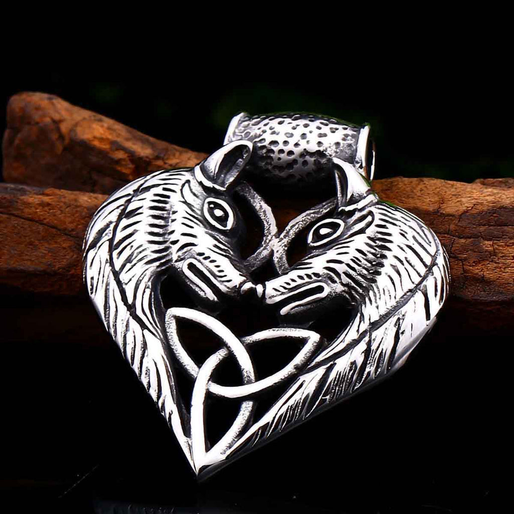 Stainless Steel Double Wolves Head Celtic Triquetra Knot Pendant Necklace