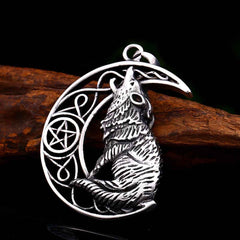 Stainless Steel Viking Howling Wolf Pentagram Moon Pendant Necklace