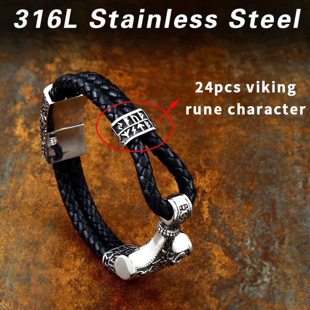 316L Stainless Steel Thor Hammer Mjolnir Leather Braided Bracelet