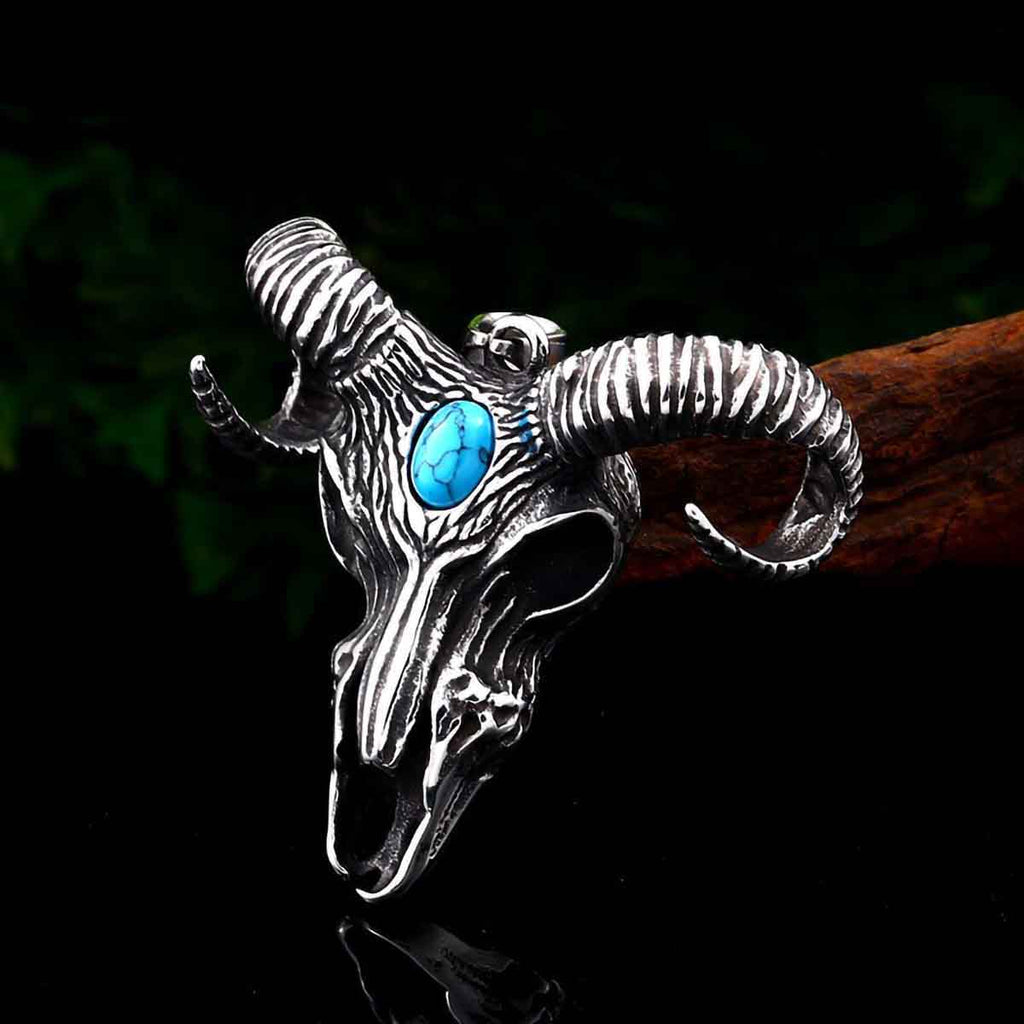 Stainless Steel Thor Goat Skull Turquoise Stone Pendant Necklace
