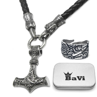 BaviPower Mjolnir The Thor's Hammer Pendant with Raven Head Leather Necklace ♦ Stainless Steel ♦ Norse Scandinavian Necklace ♦ Authentic Viking Jewelry