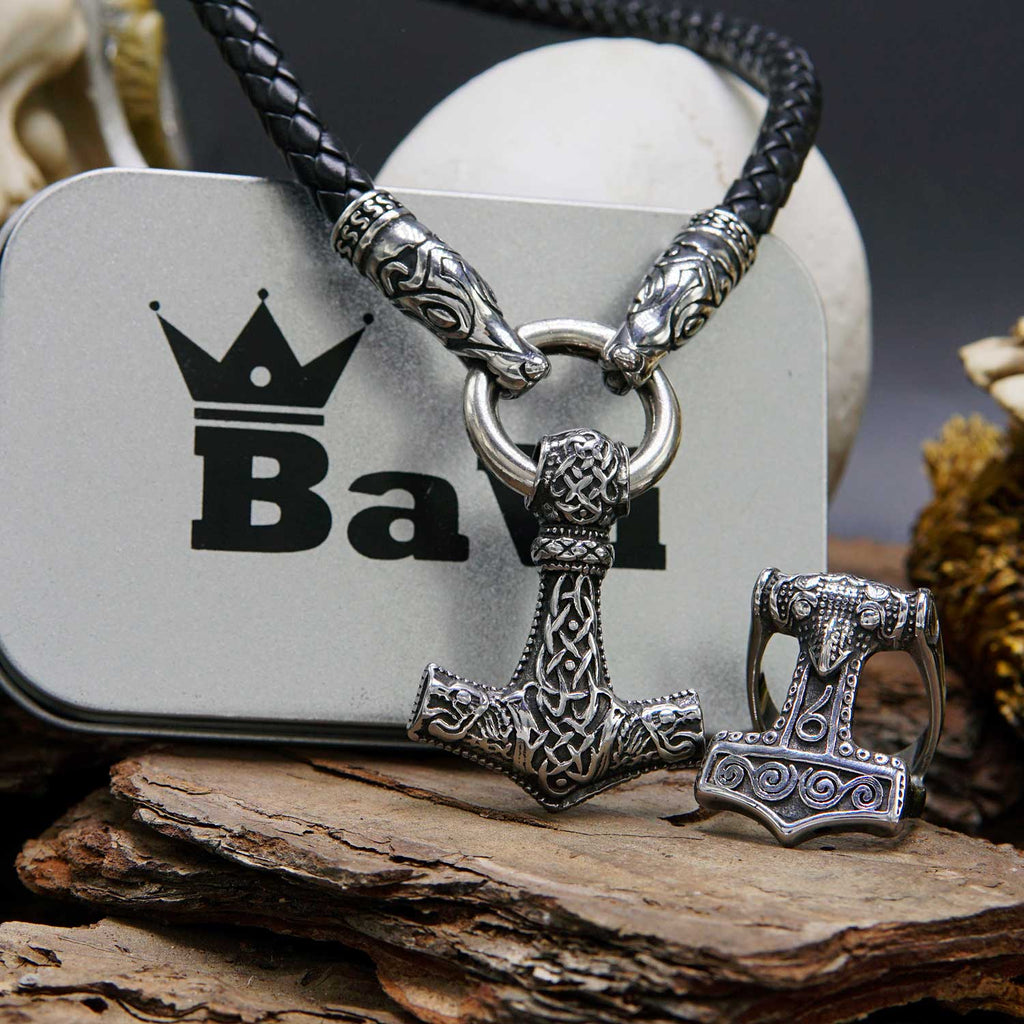 Thor's Hammer Leather Necklace With Bronze Pantera Heads - Viking Front