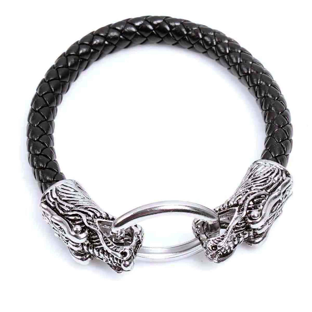 BaviPower Stainless Steel Viking Double Dragon Head Braided Leather Bracelet Viking Ideal Amulet