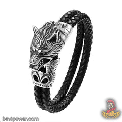 Stainless Steel Viking Fenrir Wolf Head Black Braided Leather Bracelet