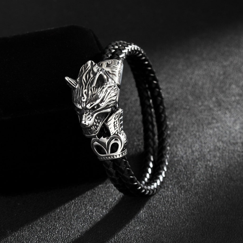 Stainless Steel Viking Fenrir Wolf Head Black Braided Leather Bracelet