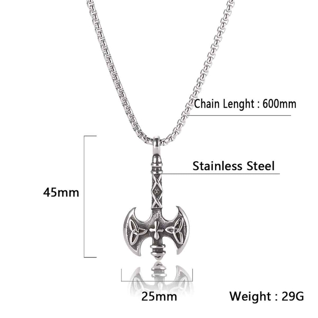 Stainless Steel Viking Battle Axe Celtic Triquetra Pendant Necklace with Box Chain