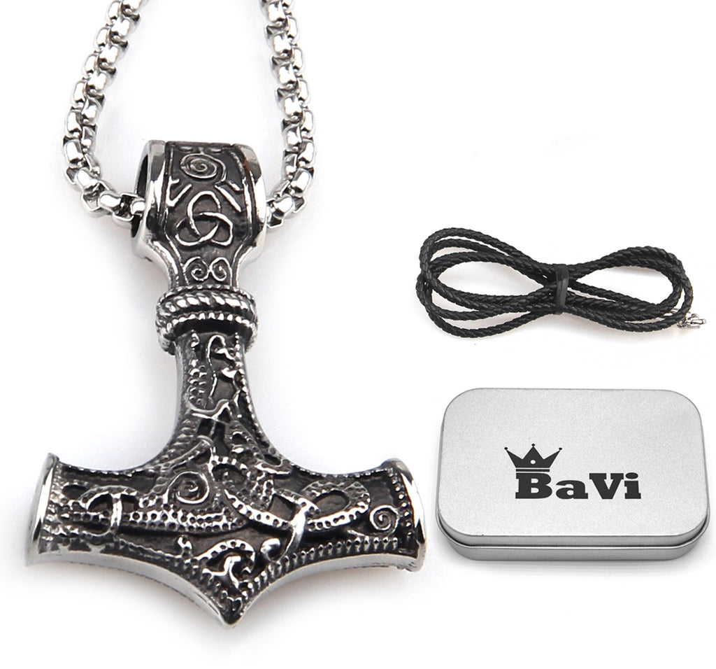 BaviPower Mjolnir The Thor's Hammer Pendant with Box Chain Necklace ♦ Stainless Steel ♦ Norse Scandinavian Necklace ♦ Authentic Viking Men Jewelry