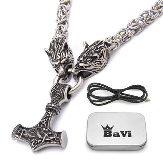 BaviPower Wolf Head Pendant with Fenrir Wolf Head King Chain ♦ Stainless Steel ♦ Nordic Scandinavian Necklace ♦ Authentic Viking Men Jewelry