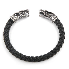Wolf Head Leather Torc Bangle Bracelet
