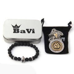 Set of Runic Odin's Valknut Rotating Pendant Necklace and Viking Helmet Bead Bracelet