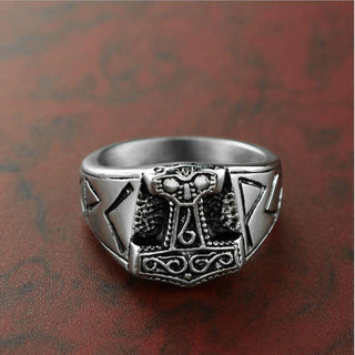 Stainless Steel Mjolnir Thor Hammer Raven Ring