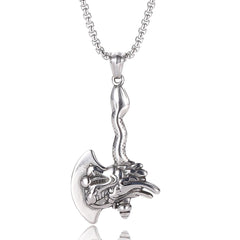 Stainless Steel Dragon Head Viking Axe Pendant Necklace with Box Chain