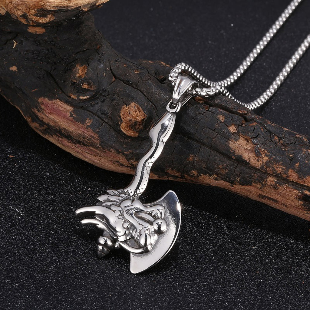 Stainless Steel Dragon Head Viking Axe Pendant Necklace with Box Chain