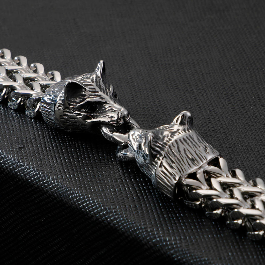BaviPower Stainless Steel Viking Double Wolf Head Keel Bracelet Viking Nordic Scandinavian Amulet