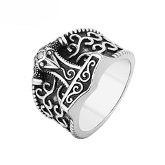 Stainless Steel Mjolnir Thor Hammer Raven Ring