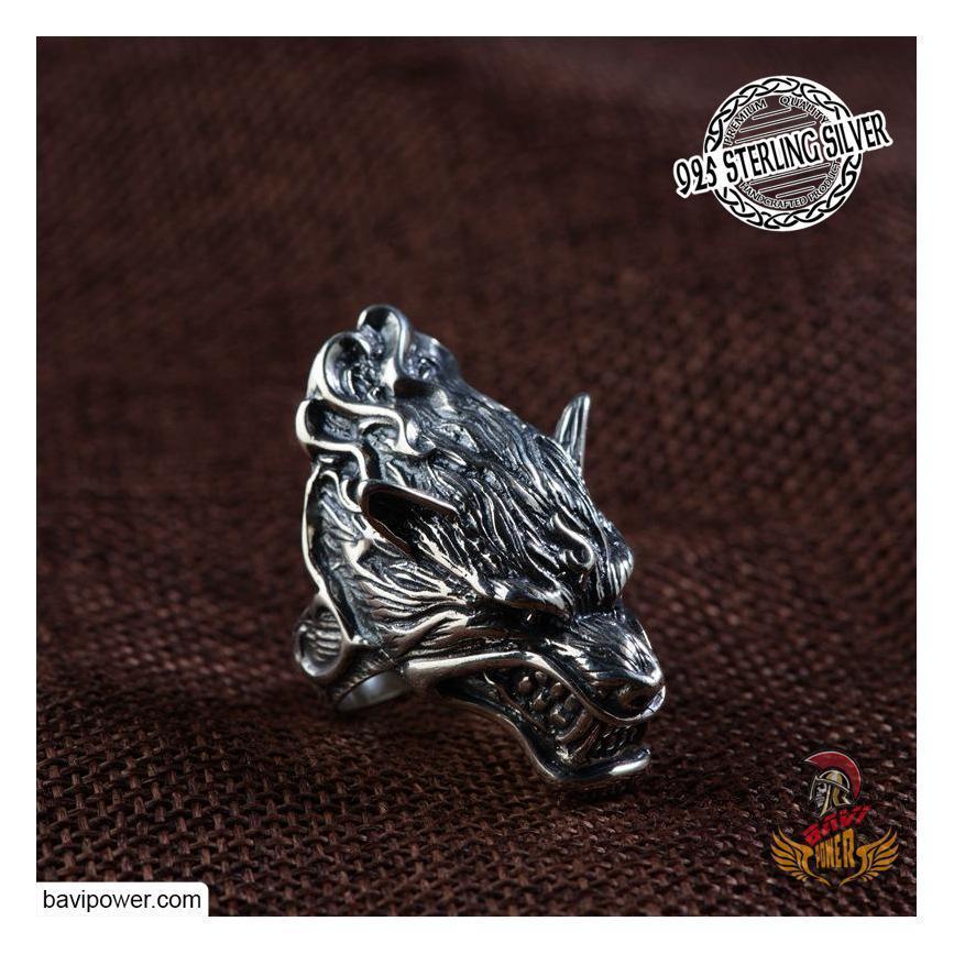 925 Sterling Silver Fenrir Wolf Head Ring