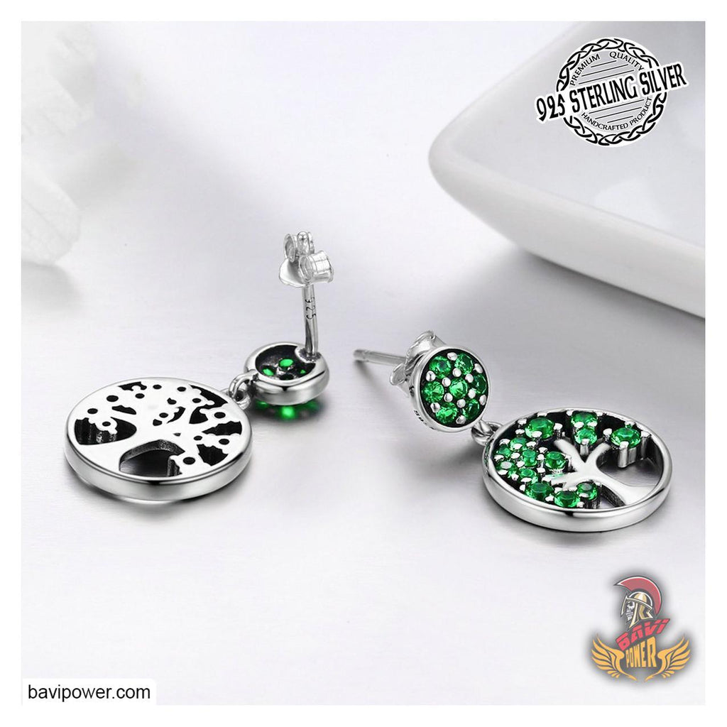 925 Sterling Silver Green Tree of Life Drop Earrings for Women