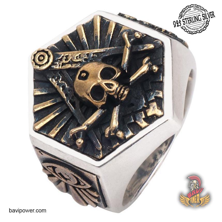 925 Sterling Silver Hexagon Freemasonic Skull Ring