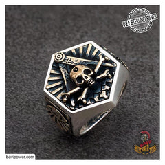 925 Sterling Silver Hexagon Freemasonic Skull Ring