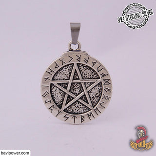 925 Sterling Silver Pentagram with Rune Circle Pendant