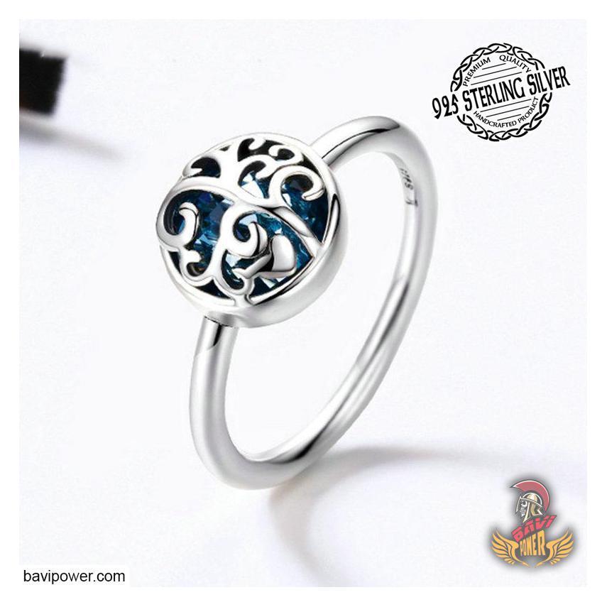925 Sterling Silver Tree of Life with Blue Crystal Ring