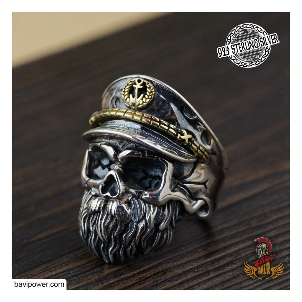 925 Sterling Silver Viking Pirate Captain Skull Ring